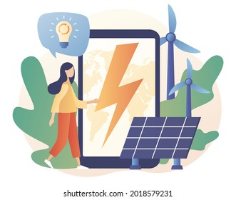 Green energy concept. Renewable energy. Power plant with solar panels and windmills. Tiny woman with big smartphone. Global Eco Industry. Modern flat cartoon style. Vector illustration 