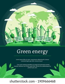 Green energy concept Renewable solar and wind energy on the background of the city. Vector illustration for print, advertising, post. Flat style. space for text