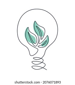Concepto de energía verde. Fuentes de energía renovable. Bombilla con hojas en una sola línea.