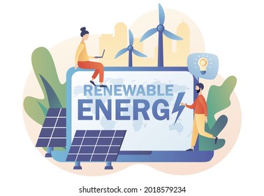 Concepto de energía verde. Energía renovable - texto en pantalla portátil. Pequeñas personas en la planta de energía con paneles solares y molinos de viento. Industria Ecológica. Estilo moderno de dibujos animados planos. Ilustración del vector 