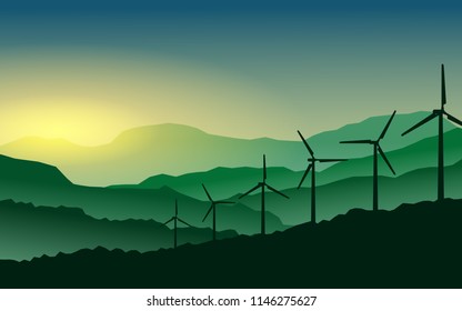 Green energy concept - Silhouette of landscape view of wind power turbine among mountain hill with sky in the early morning and copy space for text in the sky
