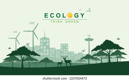 Green energy concept, Silhouette of Smart city and Wild animal in the forest, Sustainability Ecology and Environment conservation with Renewable energy sources, Earth day, Think green or Eco friendly.