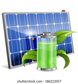 Green Energy Concept with Solar Panel, Battery and Young Sprout, vector isolated on white background