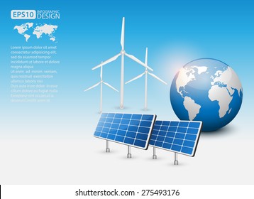 Green Energy Concept with Solar Panel and Earth, vector