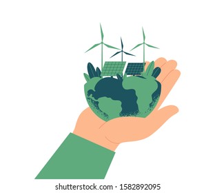 Concepto de energía verde. Paneles solares y turbinas eólicas en el planeta Tierra. La mano humana tiene un mundo verde. Suministro de energía ecológicamente sostenible.