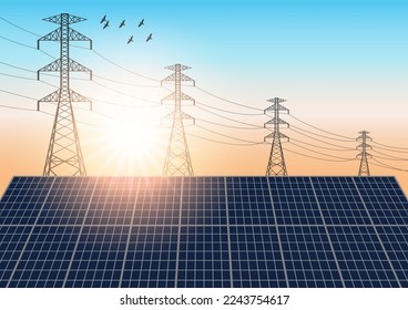 Green Energy Concept With Solar Panels and Electric towers. Alternative clean energy. Renewable energy sources. Green energy. Vector illustration