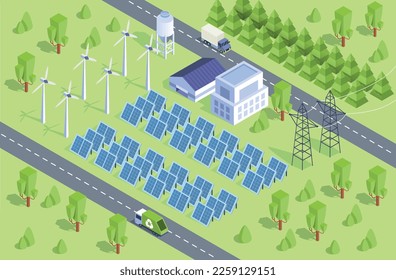 Green energy concept. Solar panels and windmills. Caring for nature, ecology and environment, alternative energy sources, Modern technologies and innovations. Cartoon isometric vector illustration