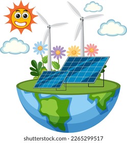 Green energy concept with solar panels and wind turbines illustration