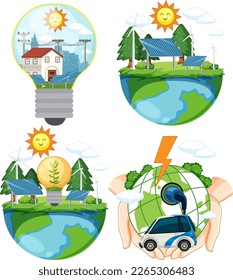 Green energy concept with solar panels and wind turbines illustration