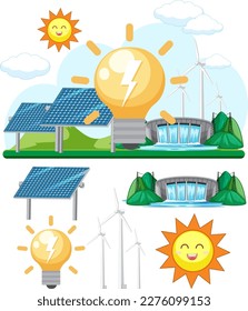 Green energy concept with solar panels and wind turbines illustration