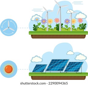 Green energy concept with solar panels and wind turbines illustration