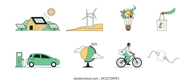 Green energy concept with solar panels, windmills, economic light bulb, zero waste, eco shopping bag, electric car, bicycle, energy saving. People use alternative energy. Flat vector illustration.