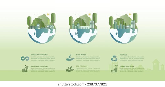 green energy concept sustainable industry Renewable electric power station with wind turbines solar power plant and coal plants producing electricity for industry Vector illustration