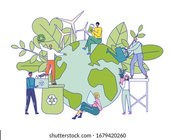 Green energy concept, tiny people saving Earth environment together, cartoon characters vector illustration. Men and women in flat style, garbage recycling, sustainable power from eco wind turbines