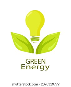 Green energy concept vector isolated flat cartoon bulb lamp eco electricity saving alternative renewable resources leaves nature plant logo design element