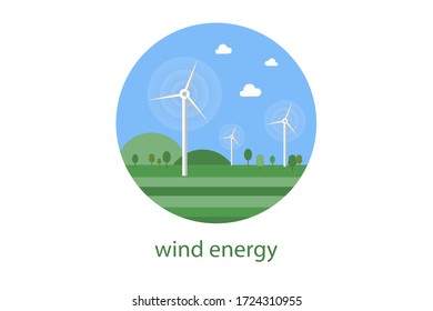 Green energy concept. White background with a circle in the middle with windmills on nature background. Eps vector illustration, flat style.