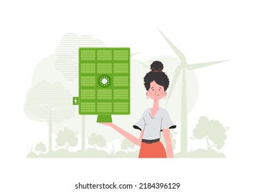 Green energy concept. A woman holds a solar panel in her hand. trendy style. Vector illustration.