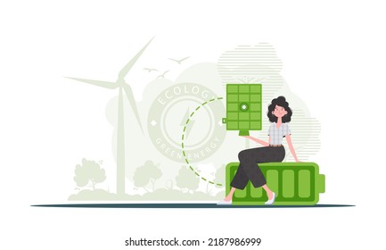 Green energy concept. A woman sits on a battery and holds a solar panel in her hands. Vector. trendy style.