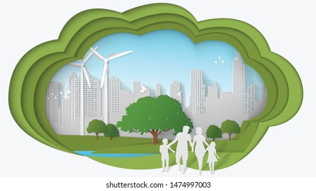 Green energy concepts, dimension of thinking, family are walking in park of green city. Paper art vector illustration