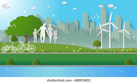 Green energy concepts, family are walking in city parks. Paper art vector illustration