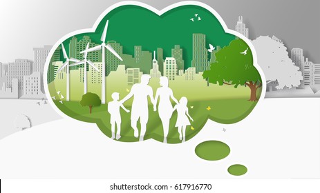 Green energy concepts, family are walking at city parks in thinking box. Paper art vector illustration