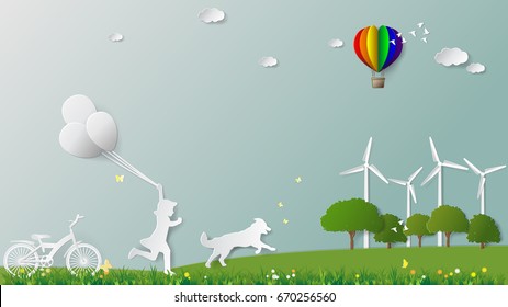 Green energy concepts, girl is running and holding balloons with her dog in meadow which full of wind turbine. Paper folding art origami style vector illustration