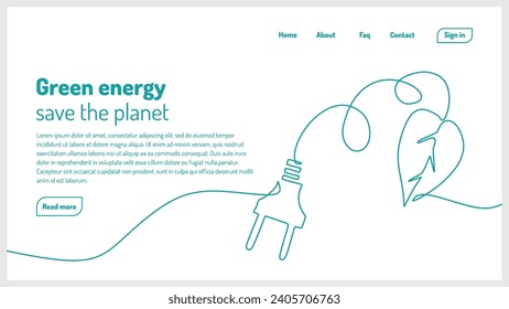 Green energy continuous one line drawing. Landing page web template. Leaf and electricity vector illustration. Symbol of renewable energy.