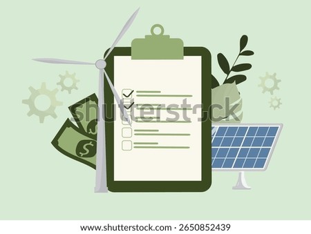 Green Energy contract. Flat design illustration featuring contract with wind turbine, solar panel, money and plant for renewable energy agreement. deal on renewable energy. Vector illustration