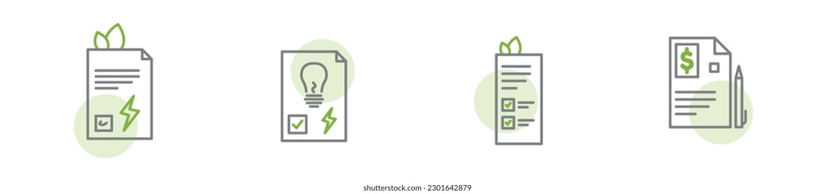 contrato de energía verde conjunto de iconos de línea moderna, concepto de subvención de electricidad, iconos de ahorro de energía, emblemas de la factura de impuestos sobre la vivienda, símbolos vivos sostenibles aislados en fondo blanco