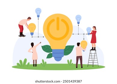 Green energy creative ideas development, eco innovation project. Tiny people connect bright electric lamp with leaf, power button inside and small light bulbs into network cartoon vector illustration