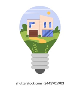 Green energy and culture of efficient electricity consumption. Modern house inside light bulb, creative presentation of efficiency and development of eco friendly ideas cartoon vector illustration