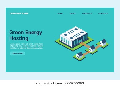 Conceito de hospedagem de data center de energia verde com um edifício de servidor isométrico conectado a casas residenciais por oleodutos laranja, simbolizando tecnologia ecologicamente correta, hospedagem na Web sustentável e reutilização de calor residual em uma página inicial moderna