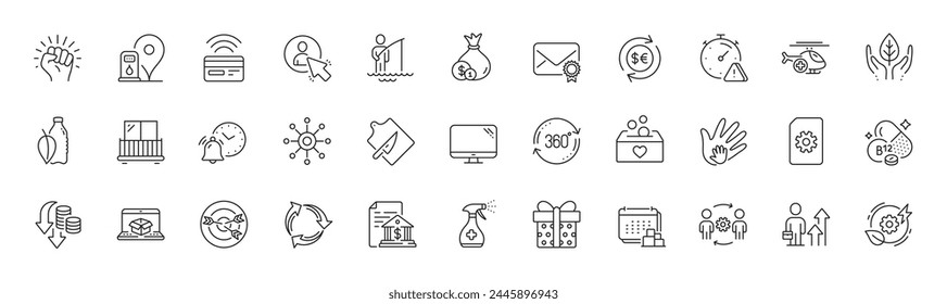 Green energy, Delivery and Contactless payment line icons. Pack of Water bottle, Computer, Medical helicopter icon. Business results, Attention, Cash pictogram. Money currency. Line icons. Vector