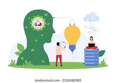 Green energy, development of waste recycling eco technology with help of AI. Tiny people connect virtual assistants head with recycle symbol, leaf and circuit to light bulb cartoon vector illustration