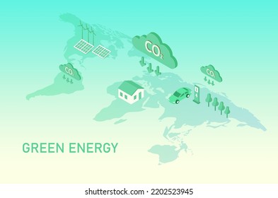 Green energy and earth day concept, CO2 carbon emissions reduction and ecology environmental with solar panel, wind turbines,  EV car  vector illustration