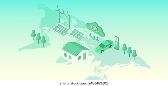 Green energy and earth day concept, CO2 carbon emissions reduction and ecology environmental with solar panel, wind turbines,  EV car  vector illustration
