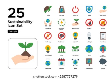 Green Energy and Earth Hour. Save Electricity Symbols. Sustainable Living, Renewable Power, and Environmental Awareness. Vector Illustration. Flat icon set