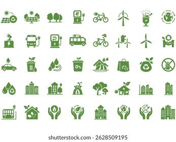 Green Energy Eco City Icon Set – Renewable Energy, Sustainability, Recycling, Electric Vehicles, Clean Environment Symbols
