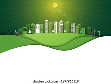 Green energy and eco cityscape background template paper art style.Ecology and environment conservation creative idea concept.Vector illustration.