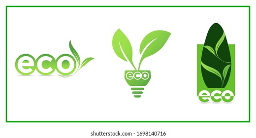 Green Energy or Eco Energy concept logo. Plants or leaves combined with light bulb with the words Eco. Green colored theme for environment friendly.