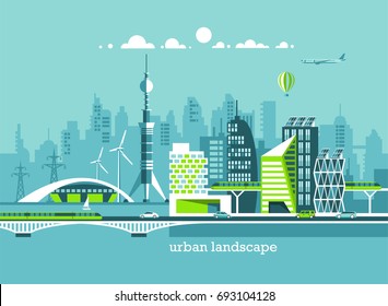 Énergie verte et ville écologique. Architecture moderne, bâtiments, maisons high-tech, gratte-ciel. Illustration vectorielle à plat. Style 3d.