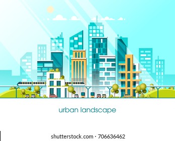 Green energy and eco friendly city. Modern architecture, buildings, hi-tech townhouses, green roofs, skyscrapers. Flat vector illustration. 3d style.