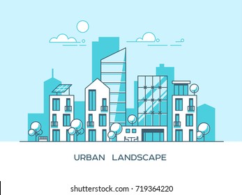 Green energy and eco friendly city. Modern architecture, buildings, skyscrapers. Flat vector illustration.