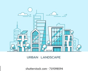 Green energy and eco friendly city. Modern architecture, buildings, skyscrapers. Flat vector illustration. 3d style.