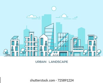 Green energy and eco friendly city. Modern architecture, buildings, skyscrapers. Flat vector illustration. 3d style.