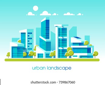 Green energy and eco friendly city. Modern architecture, buildings, skyscrapers. Flat vector illustration. 3d style.