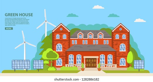 Green energy an eco friendly classical lock suburban american house.Solar, wind power.Family home.Home facade.Flat vector.Rural housing village chimney.Renewable energy.Green house.