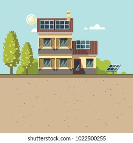 Green energy and eco friendly house. Solar power. 3d vector illustration.
