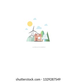 green energy eco friendly house alternative smart home concept wind turbines solar panels landscape background flat vector illustration