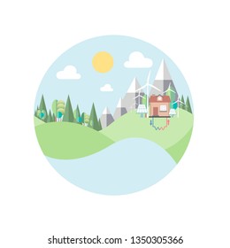 green energy eco friendly house alternative smart home concept wind turbines solar panels and geothermal power mountains landscape background flat vector illustration